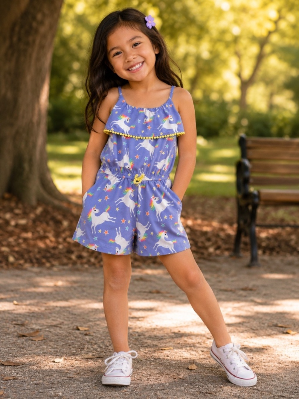 Extremely Me Girls Unicorn Rainbow Romper Size 6X Purple Pom Pom Sleeveless